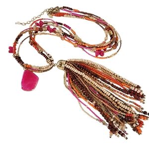 Chico's long necklace pink orange beads tassel agate